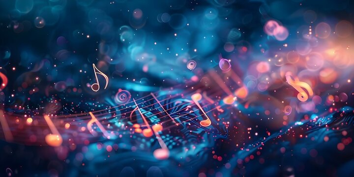 Musical symbols overlay blurred lights creating harmony and creativity in abstract art. Concept Abstract Art, Musical Symbols, Blurred Lights, Harmony, Creativity