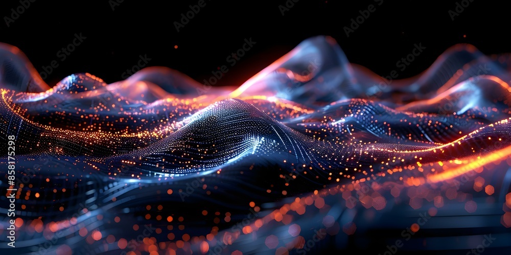 Poster dynamic 3d digital waveforms on black background - abstract and visually captivating display. concep