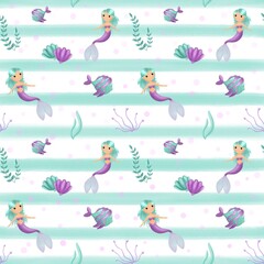 Seamless pattern cute little mermaid  shells 