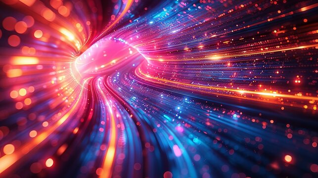 Vivid abstract artwork illustrating the movement of quantum electrons within a technological framework, highlighting the interplay of light and energy in a futuristic design. Illustration, Minimalism,