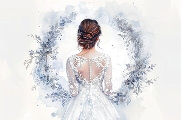 Elegant bride with floral watercolor backdrop, wedding concept