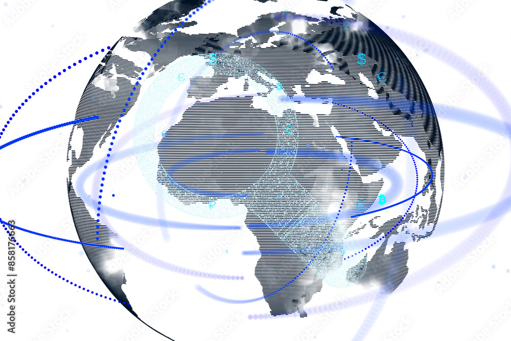 Poster abstract digital world map with dynamic lines and dots, stylized with blue and black on a white back