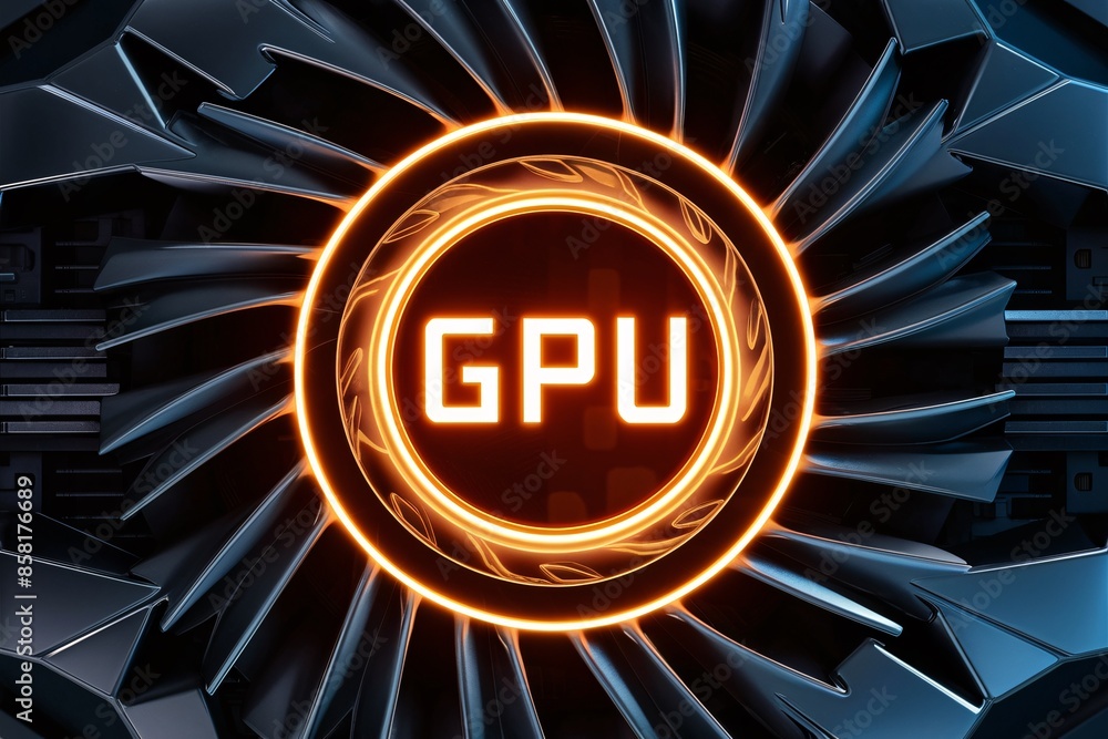 Poster a glowing orange circle with the letters gpu in the center. the circle is set against a dark blue ba
