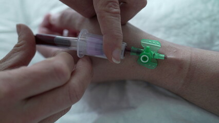 Nursing Care - Blood Draw from Patient's Hand, Close-Up in Hospital