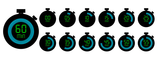 digital stopwatch or timer icons set (eps). countdown from 0 to 60 minute for accurate speed or time ​​measurements. clock or stop watch for app,ui, website etc use. digital stopwatch icons