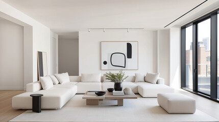 Contemporary living room | Minimalist white sectional sofa with cushions | Low wooden coffee table with decorative items and vase with flowers | Large Frame Mock Up