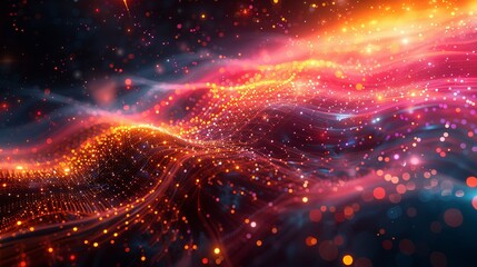 Obraz premium Vivid abstract image illustrating the interaction of quantum electrons within advanced scientific technology, featuring bold colors and dynamic patterns that capture the essence of innovation.