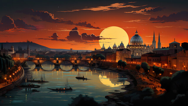 Rome - Italy, Vatican, City, Cartoon, Poster Style