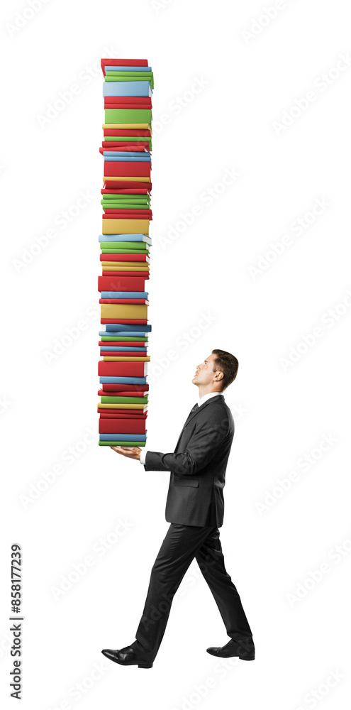 Poster a man in a business suit holding a tall stack of colorful books, isolated on a white background, sym
