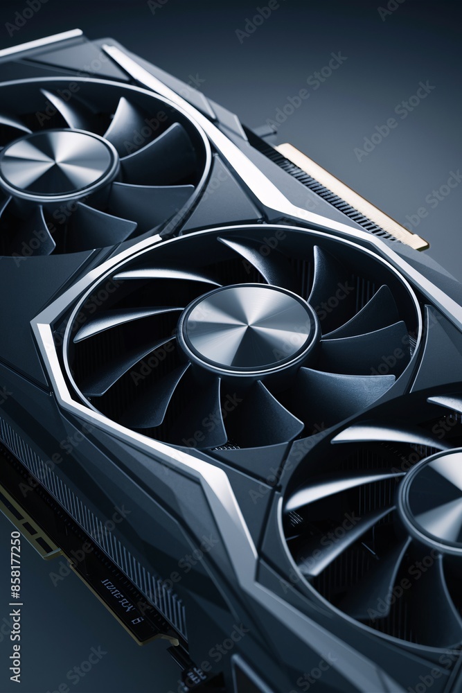 Poster a computer graphics card with three silver and black fans.
