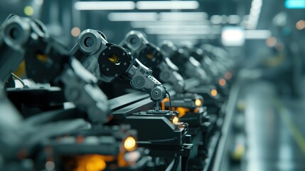 Footage of an assembly line in an automotive factory with robotic arms assembling car parts.