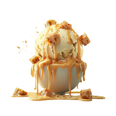 Ice cream scoop topped with chunks of caramel and drizzled with caramel sauce on a transparent background. The ice cream is separated.