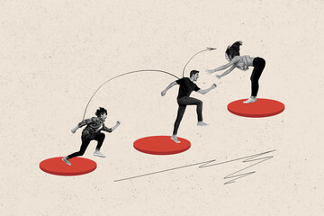 Creative collage young ambitious man woman leadership step go upwards upstairs climb support help...