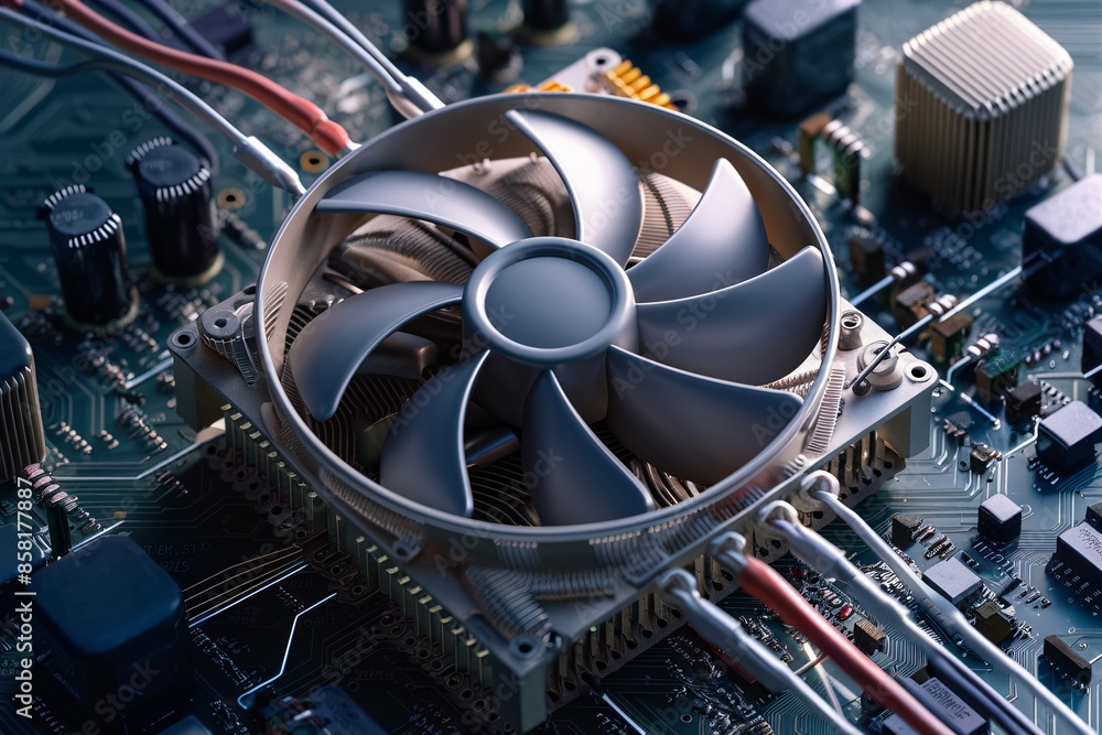 Poster a close up of a computer fan on a circuit board.