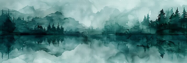 Watercolor Landscape with Silhouetted Trees and Reflections