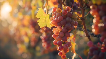 Mature grapes hanging on grapes tree in autumn time