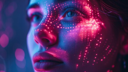 Close-up of a human face with digital interface overlay, representing futuristic AI technology and innovation.