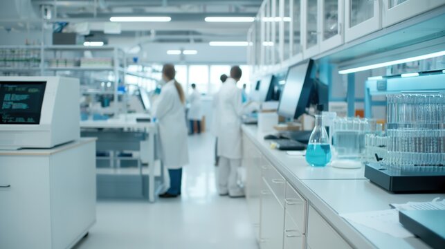  scientists in a laboratory discussing a research project with various scientific equipment in the background.