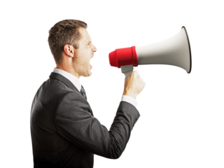 A man in a suit shouting into a megaphone, with a clean white background, depicting the concept of announcement or communication
