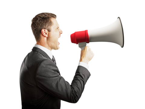A man in a suit shouting into a megaphone, with a clean white background, depicting the concept of announcement or communication