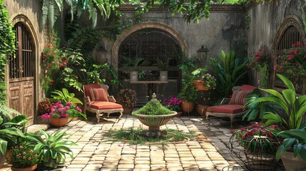 Garden with flowers in Italy, featuring old architecture, plants, windows, and pathways