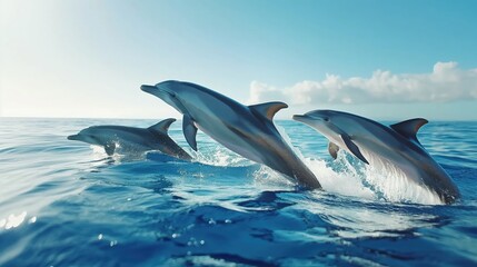 Obraz premium a group of dolphins swimming and playing in the ocean.