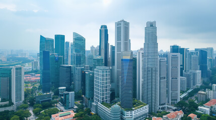 Naklejka premium Drone shot of a corporate skyscraper in a bustling city center.