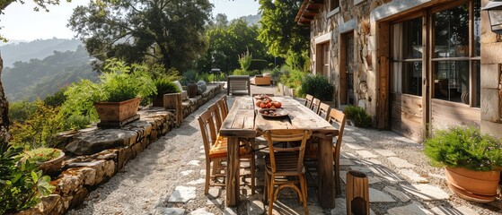 A wooden table at an outdoor cafe in a village, with elements of city life and various furniture like chairs, bar tables, and dining setups under the summer sun