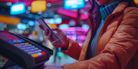 Closeup of person using smartphone for contactless payment at colorful illuminated store
