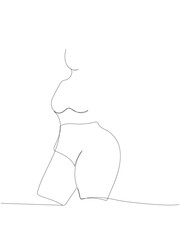 silhouette of a curvy girl, beautiful figure one line art. Continuous line drawing of body positive, overweight, plus size model, XL, health, fashion, self acceptance.