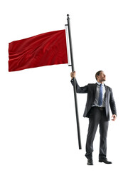 A businessman holding a large red flag on a white background, depicting leadership or achievement