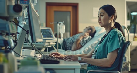 Nurse in scrubs working at desk in hospital with patient in background