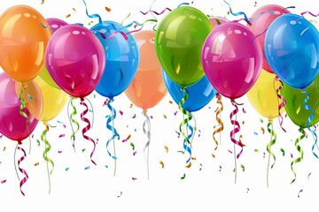 Colorful balloons and ribbons with confetti for birthday celebration