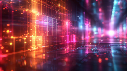 Colorful neon lights create an abstract grid pattern, offering a futuristic and vibrant background with blue and pink hues.