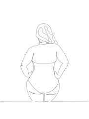 curvy girl in bodysuit, rear view one line art. Continuous line drawing of body positive, overweight, plus size model, XL, health, fashion, self acceptance.