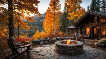 Cozy log cabin with fire pit overlooking lake in autumn