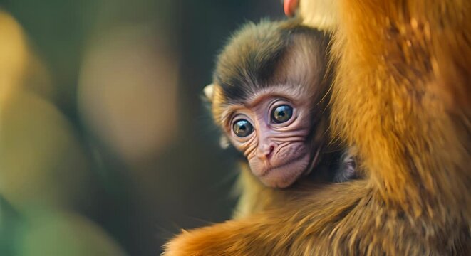 Close-up of an adorable baby monkey clinging to its mother in a natural habitat showcase emotional bond and wildlife beauty.