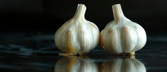 Garlic bulb with a halved clove on a black backdrop, showcasing the aromatic ingredient’s details. Perfect for kitchen-related designs and gourmet imagery.