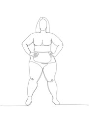 fat girl in lingerie posing one line art. Continuous line drawing of body positive, overweight, plus size model, XL, health, fashion, self acceptance.