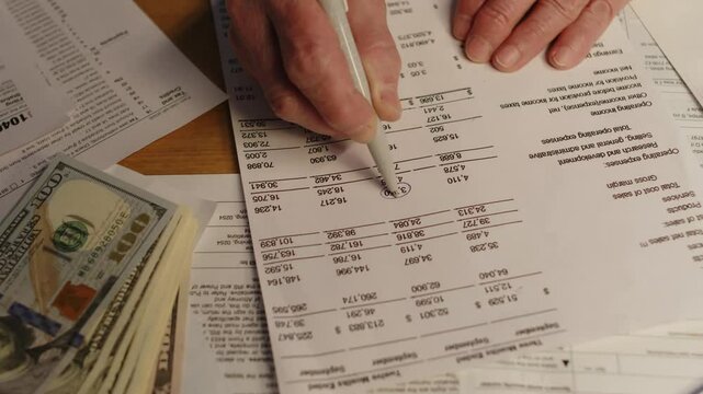 Close-up of wrinkled hands of anonymous diligent senior pensioner circling monthly payment on utility invoice, while managing financial affairs, and stack of American dollars in cash on table
