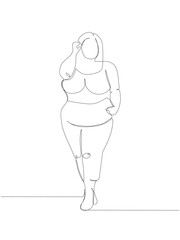 overweight girl in a tracksuit one line art. Continuous line drawing of body positive, overweight, plus size model, XL, health, fashion, self acceptance.