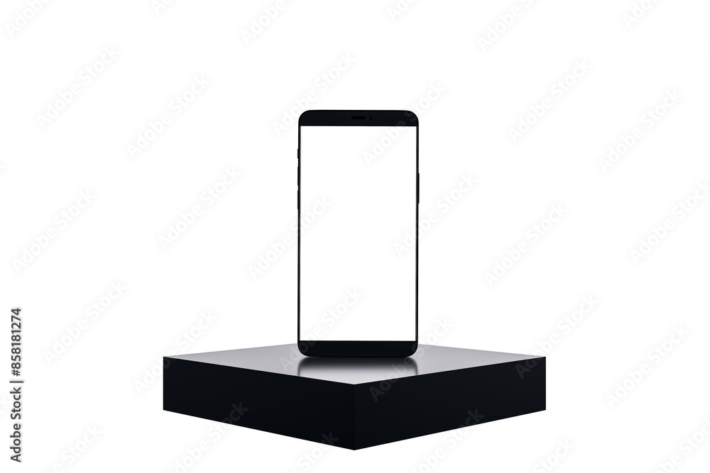 Poster smartphone on a pedestal, minimalistic flat design, with plain background, concept of technology dis