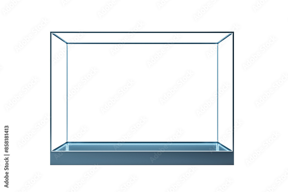 Aufkleber an isolated glass showcase on a white background, a concept for display. 3d rendering