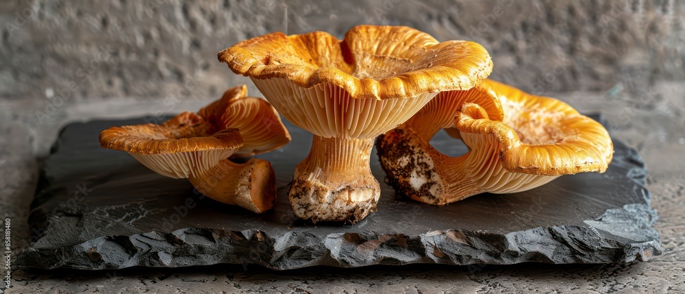 Wall mural a mushroom, half revealed, stands out vividly against a dark backdrop, emphasizing its unique struct