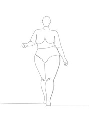 fat girl in lingerie one line art. Continuous line drawing of body positive, overweight, plus size model, XL, health, fashion, self acceptance.