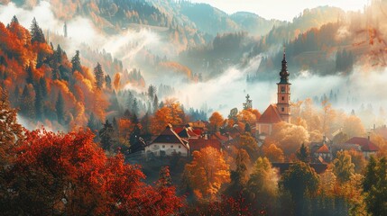 Foggy mountain with colorful Autumn forest and church bell tower