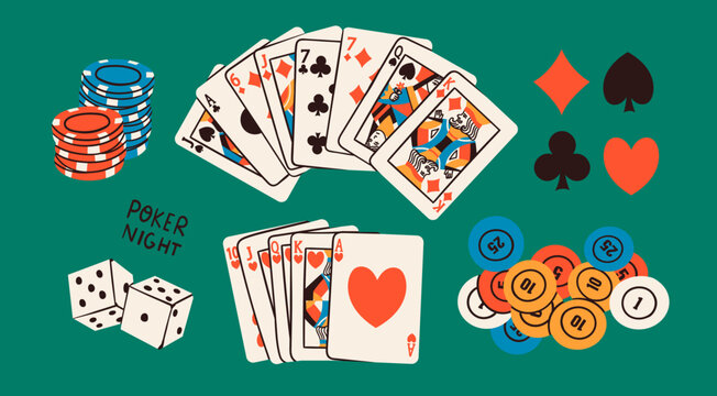 Poker night set. Playing cards, casino chips, token, dice, card suits. Hand drawn Vector illustration. Tournament, game, casino, poker, gambling, game, fun concept. Isolated design elements