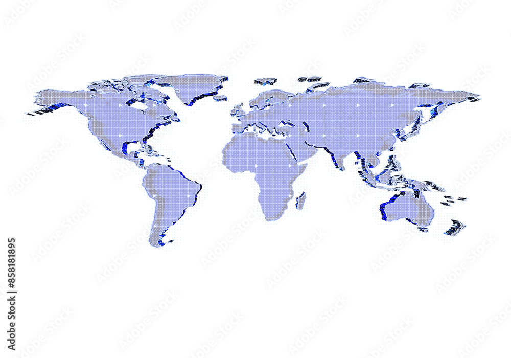 Aufkleber Stylized blue world map with a grid pattern on a white background, depicting a global network concept. 3D Rendering