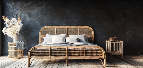 Dark bedroom interior mockup, wooden rattan bed on empty ebony wall background, Scandinavian style, 3d render