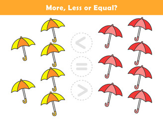 Obraz premium Comparison Worksheet with Cute Cartoon Umbrella for Kids. Counting Games for Preschoolers. More or Less Worksheet for Kindergarten. 